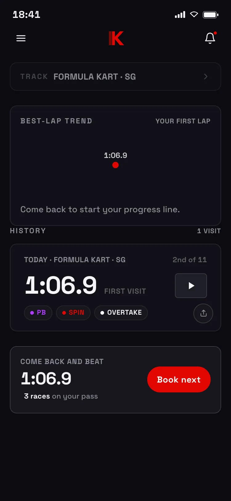 Beat 1:06.9 — the come-back prompt, with a one-tap booking for the next race