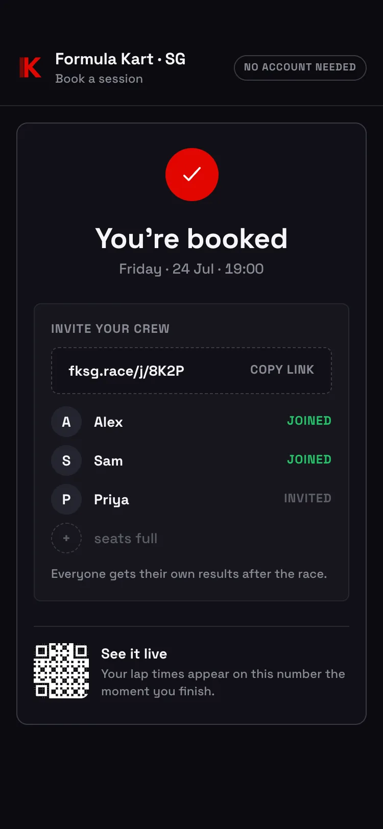 One booking for a whole group — the join link, who has joined already, and the note that everyone still gets their own results